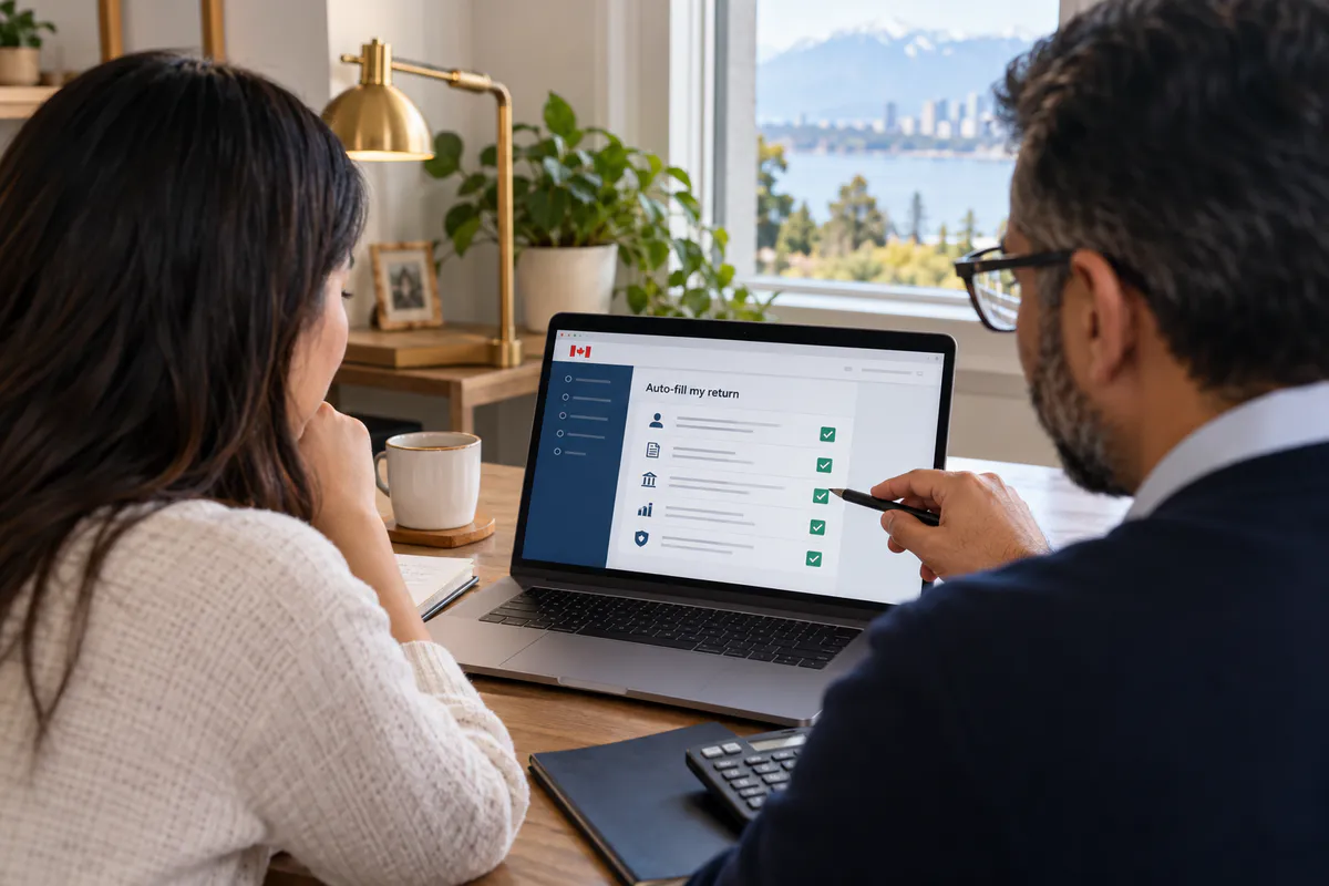 Canadian tax accountant helping a client review tax documents using a laptop