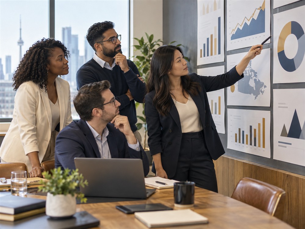 Business leadership team reviewing financial forecasts