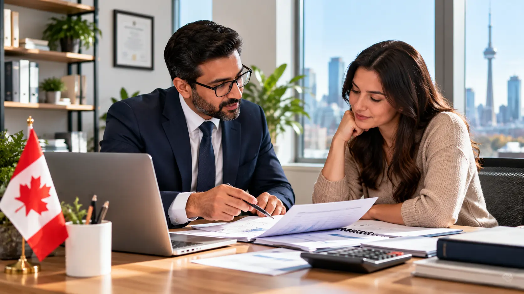 Canadian tax accountant reviewing personal tax planning documents with a client