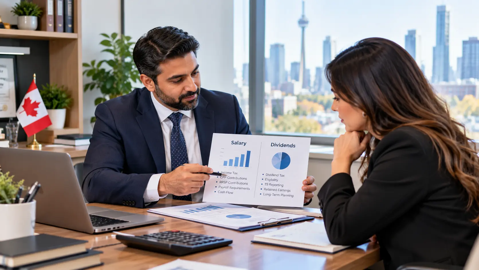 Canadian CPA discussing salary and dividend compensation options with a small business owner during a financial consultation.