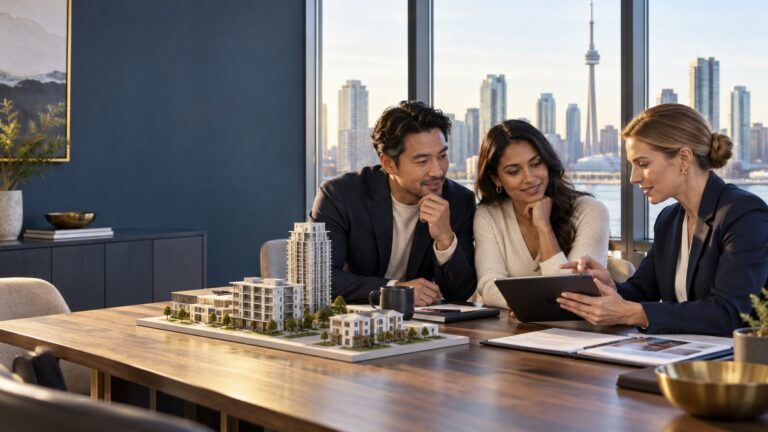 Couple and advisor discussing a Canadian real estate investment