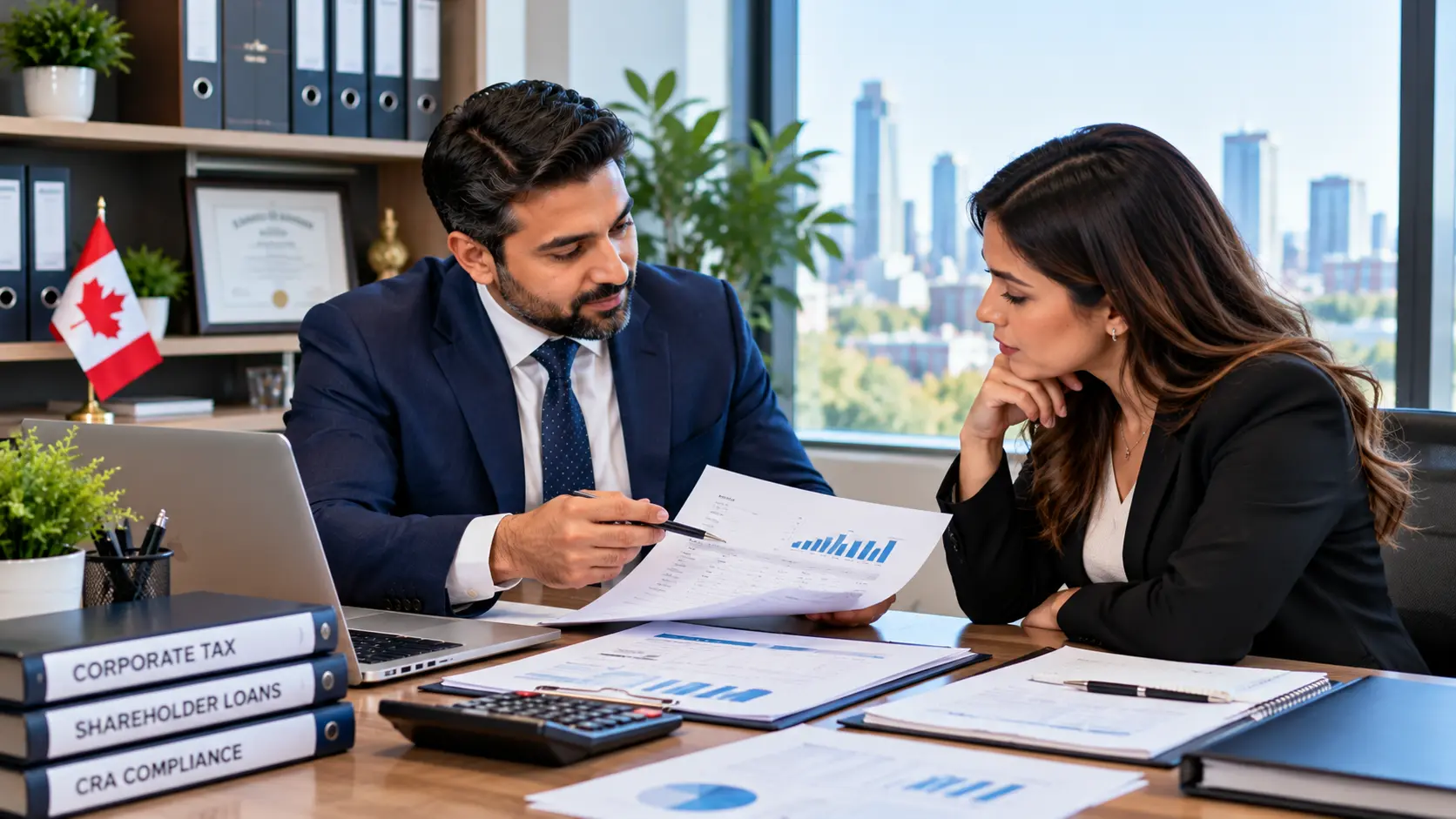 Canadian CPA reviewing shareholder loan documents and corporate financial records with a business owner.